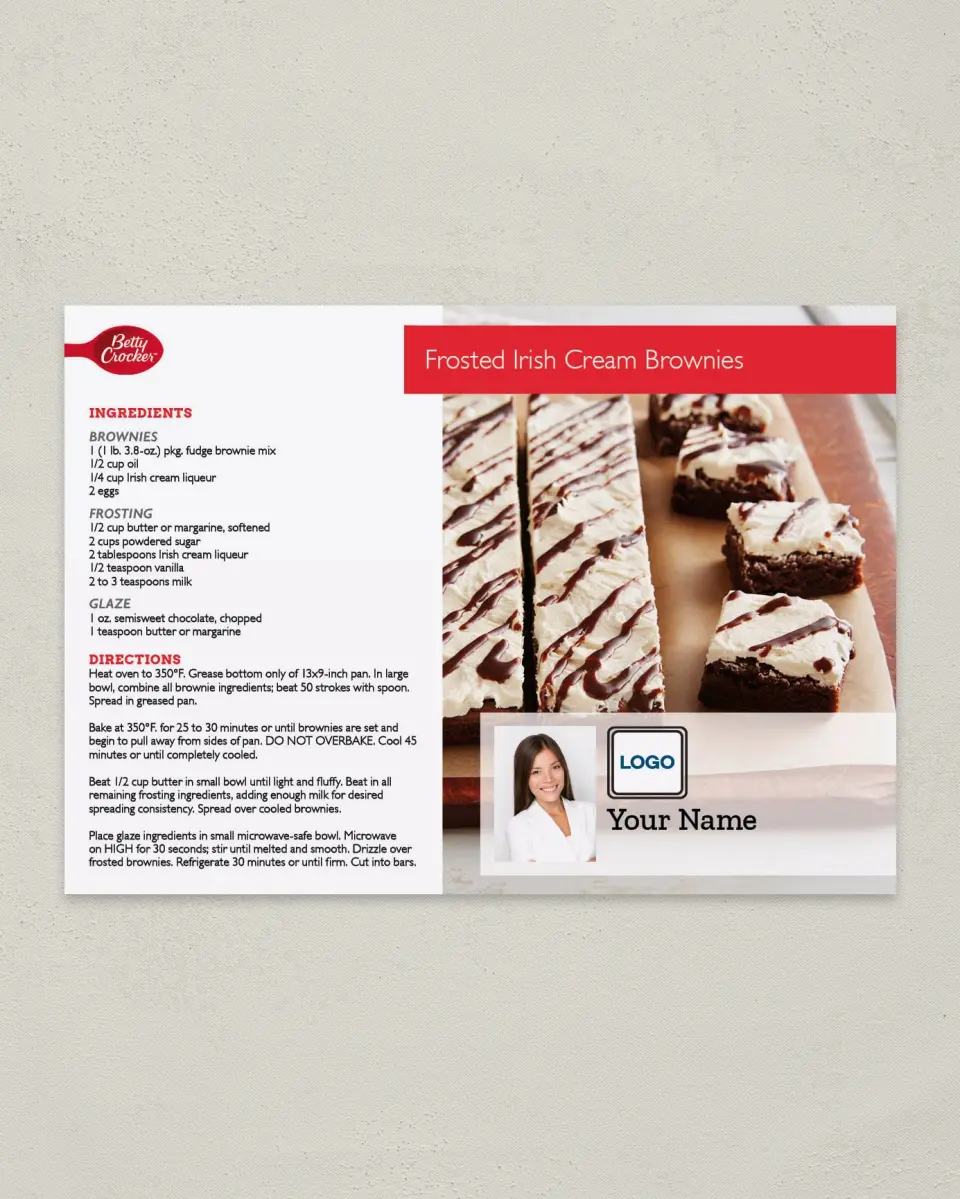 This is a 4¼" x 6" Postcard called Frosted Irish Cream Brownies printed in full color