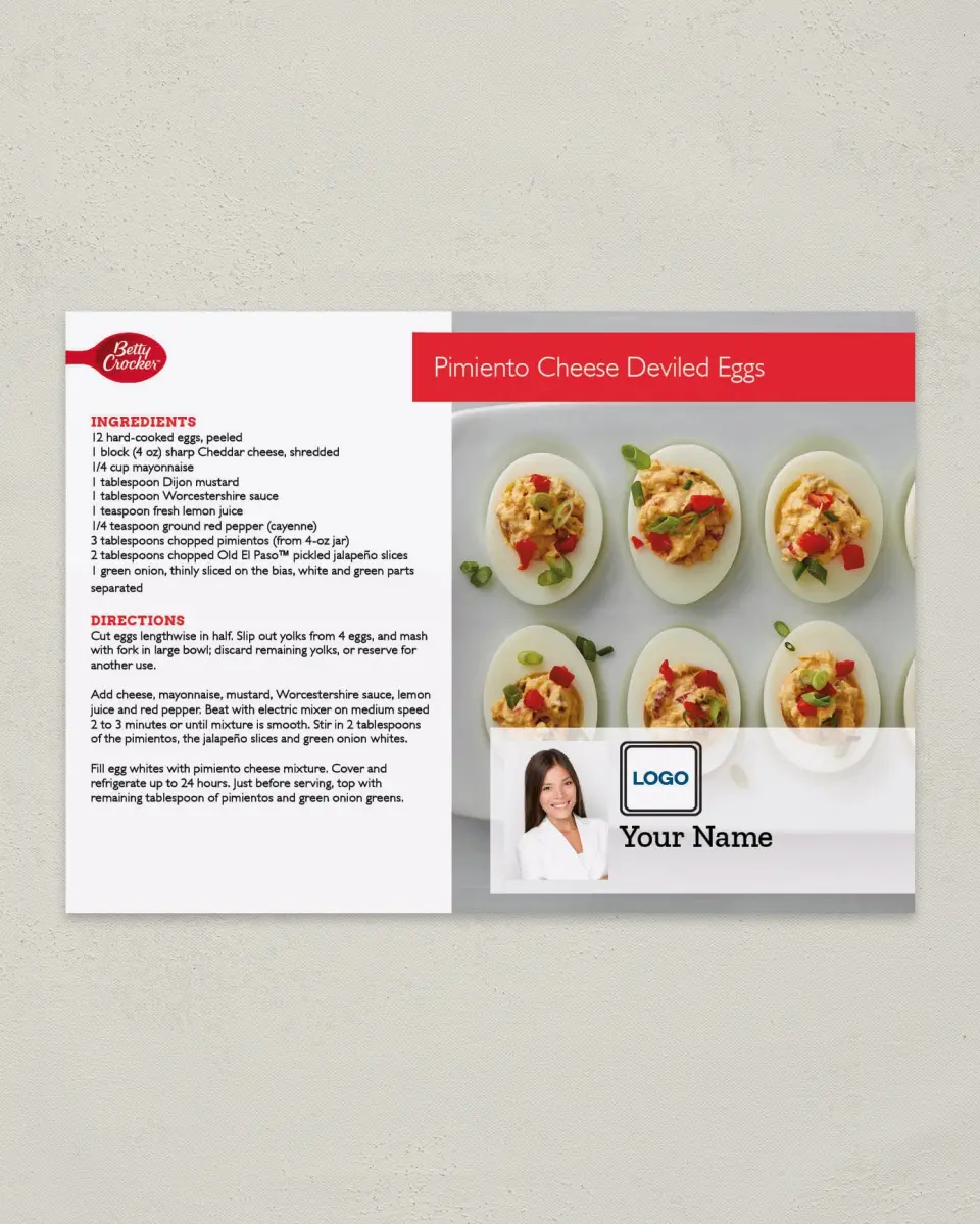 This is a 4¼" x 6" Postcard called Pimiento Cheese Deviled Eggs printed in full color