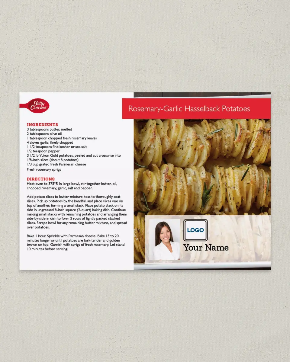 This is a 4¼" x 6" Postcard called Rosemary Garlic Hasselback Potatoes printed in full color