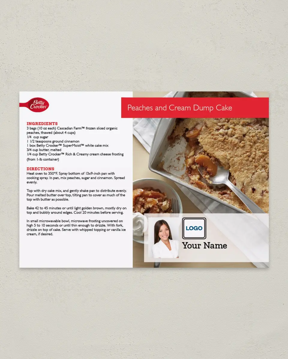 This is a 4¼" x 6" Postcard called Peaches and Cream Dump Cake printed in full color