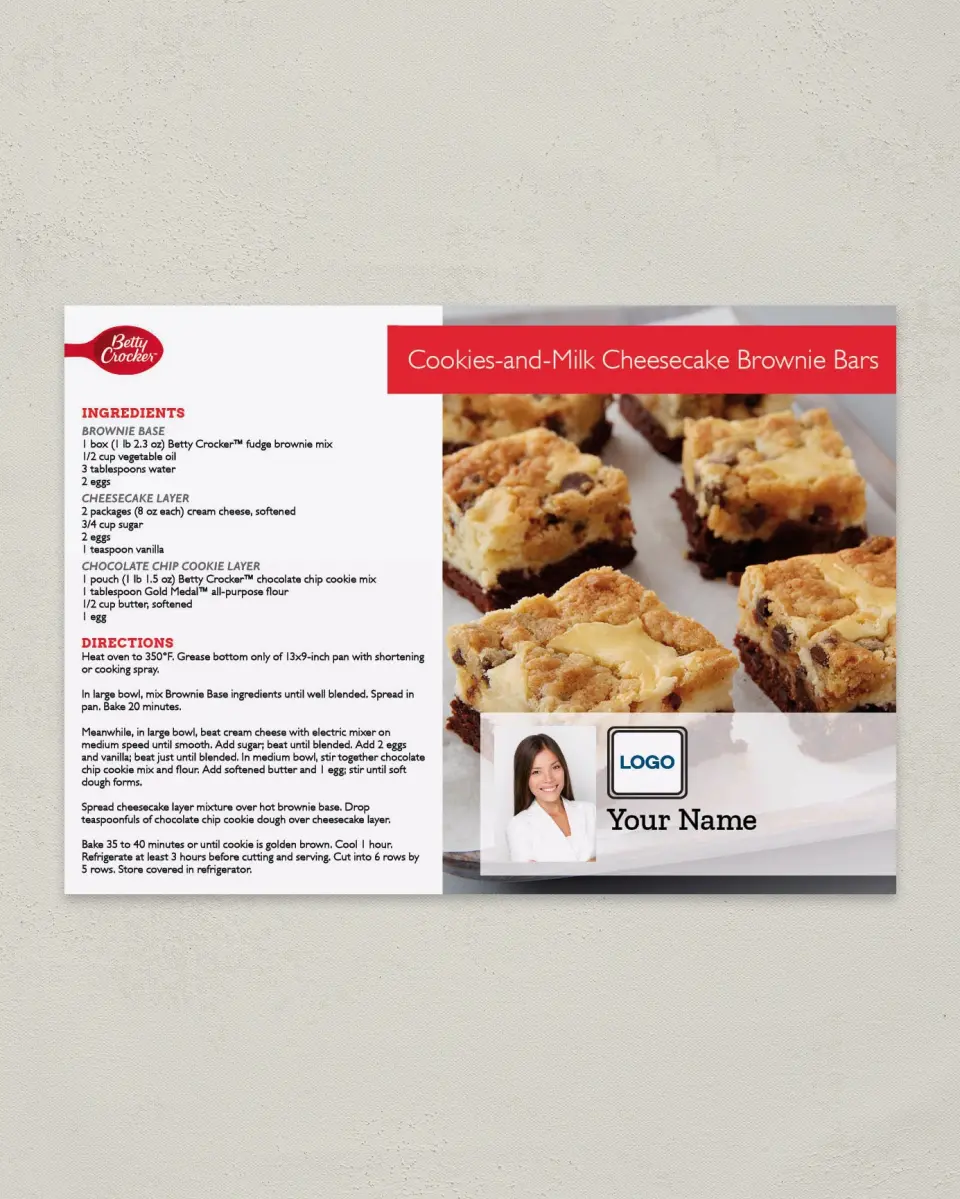 This is a 4¼" x 6" Postcard called Cookies and Milk Cheesecake Brownie Bars printed in full color