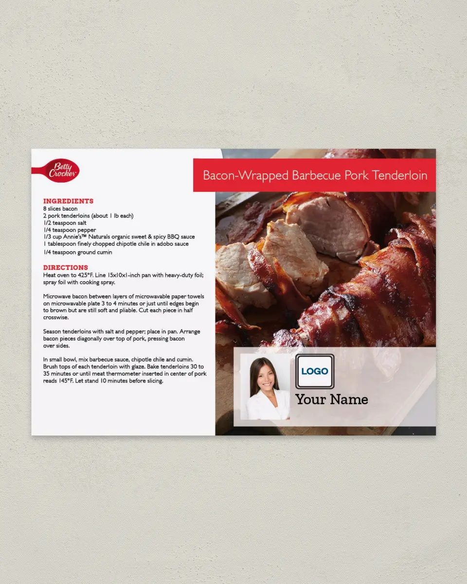 This is a 4¼" x 6" Postcard called Bacon- Wrapped Barbecue Pork Tenderloin printed in full color