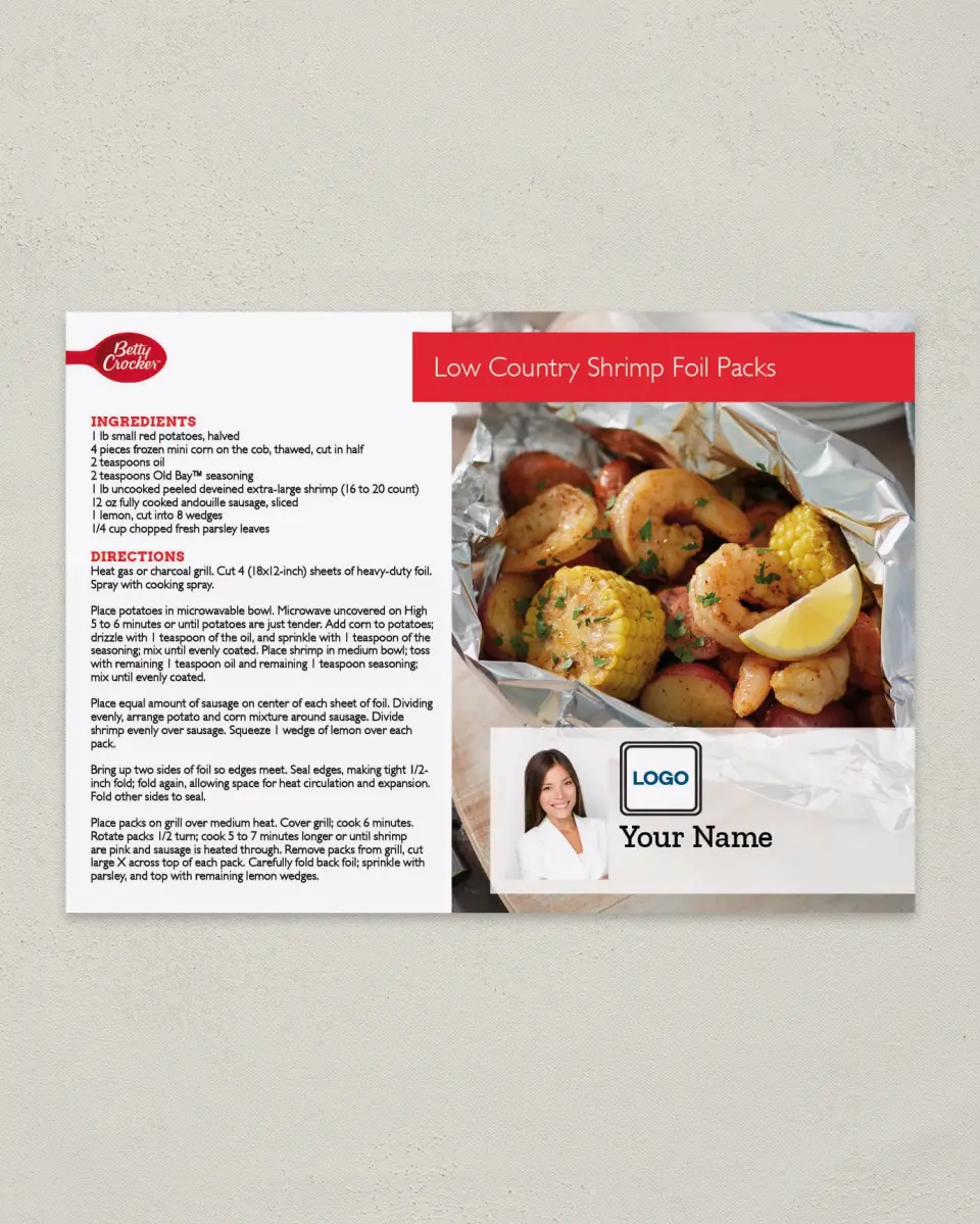 This is a 4¼" x 6" Postcard called Low Country Shrimp Foil Packs printed in full color