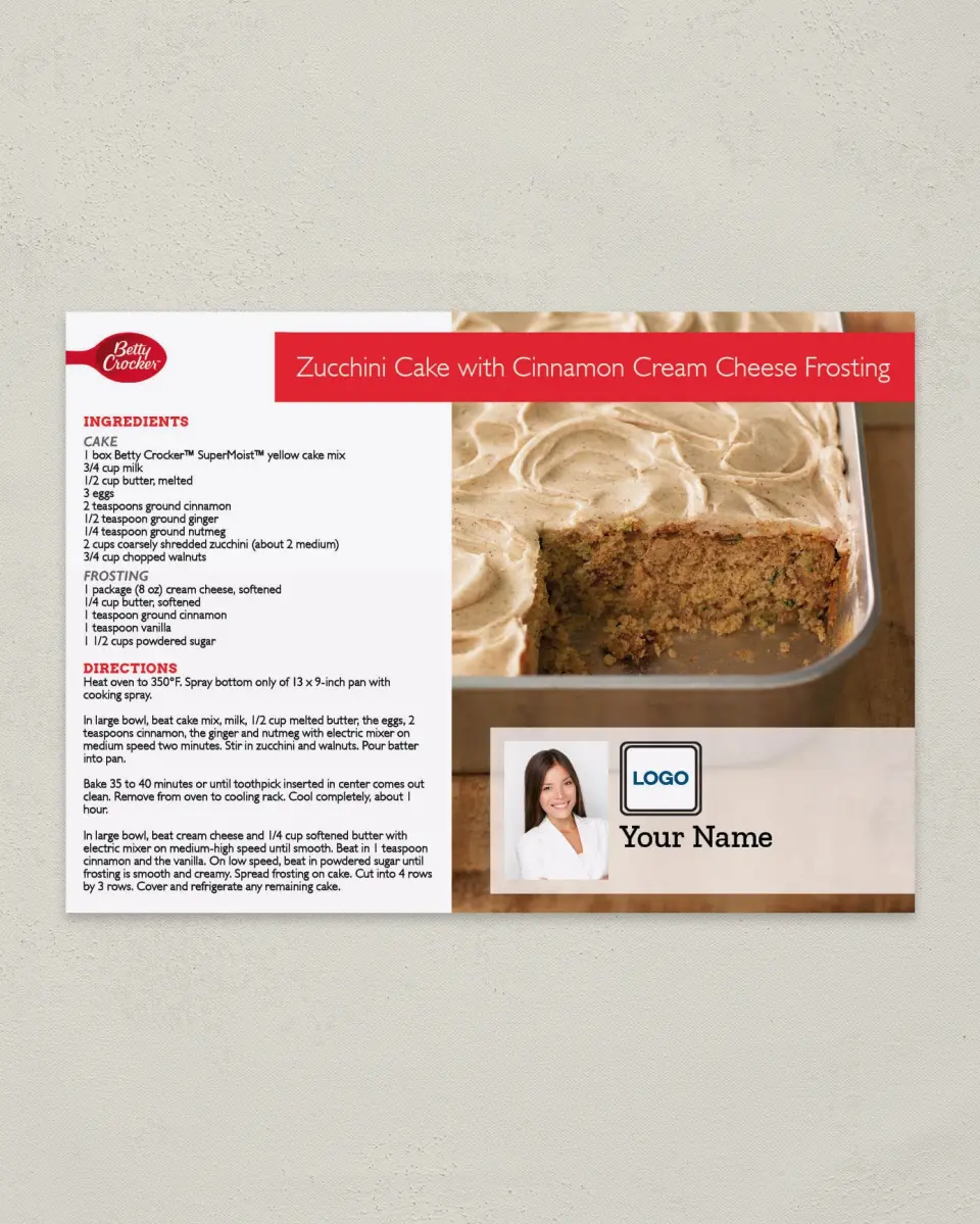 This is a 4¼" x 6" Postcard called Zucchini Cake with Cinnamon Cream Cheese printed in full color