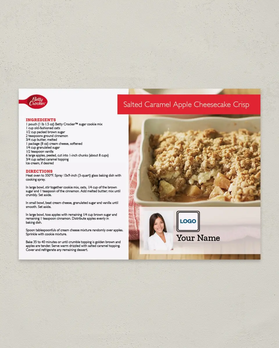 This is a 4¼" x 6" Postcard called Salted Caramel Apple Cheesecake Crisp printed in full color