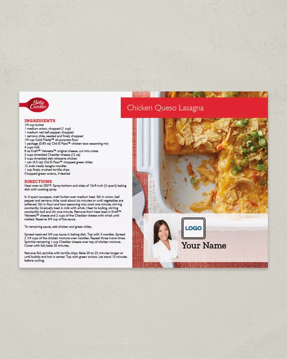 This is a 4¼" x 6" Postcard called Chicken Queso Lasagna printed in full color