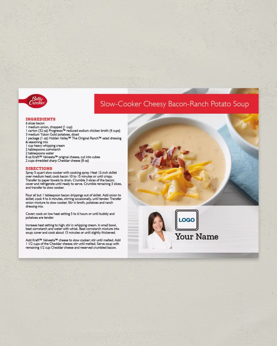 This is a 4¼" x 6" Postcard called Slow- Cooker Cheesy Bacon- Ranch Potato Soup printed in full color