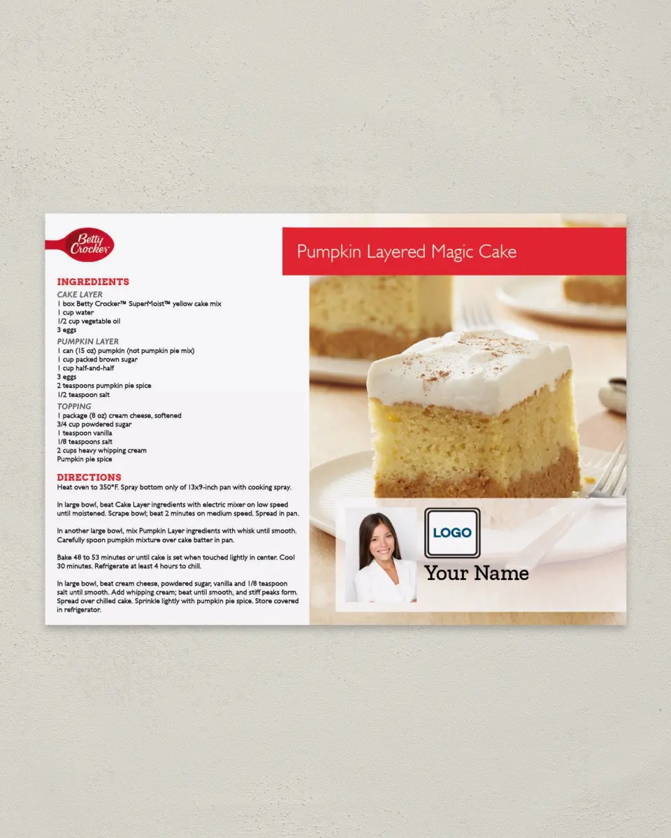 This is a 4¼" x 6" Postcard called Pumpkin Layered Magic Cake printed in full color