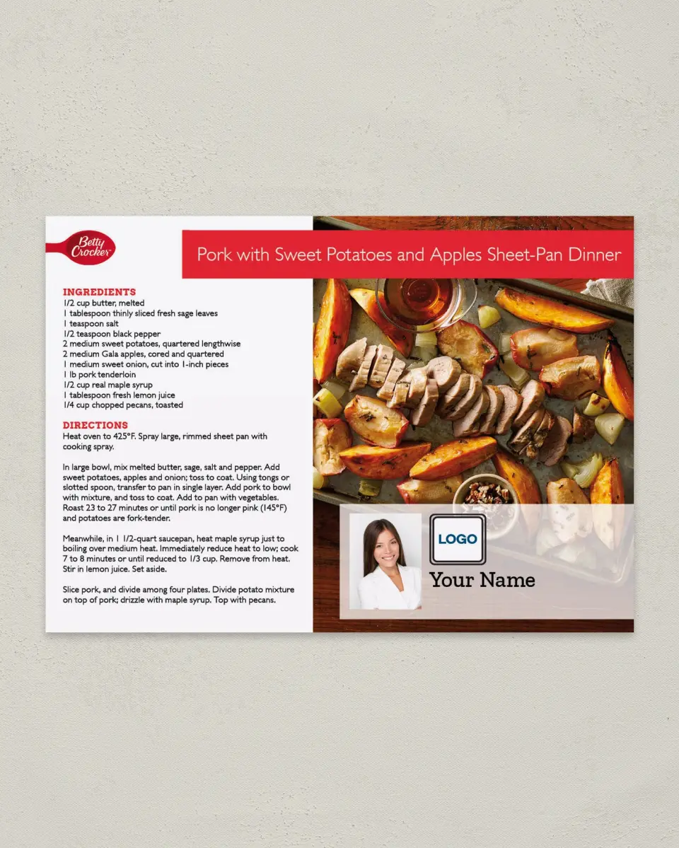 This is a 4¼" x 6" Postcard called Pork with Sweet Potatoes and Apples Sheet- Pan Dinner printed in full color