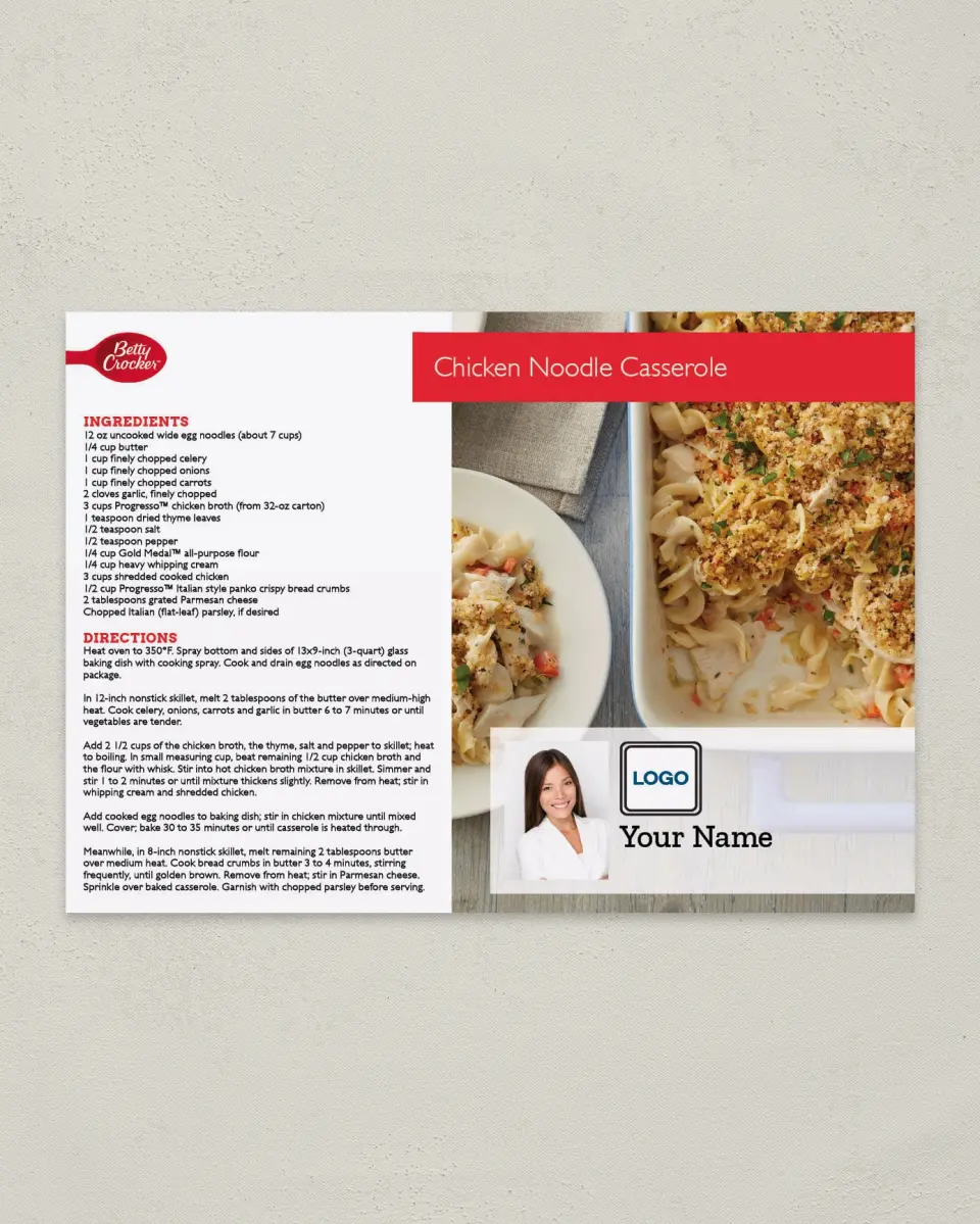 This is a 4¼" x 6" Postcard called Chicken Noodle Casserole printed in full color