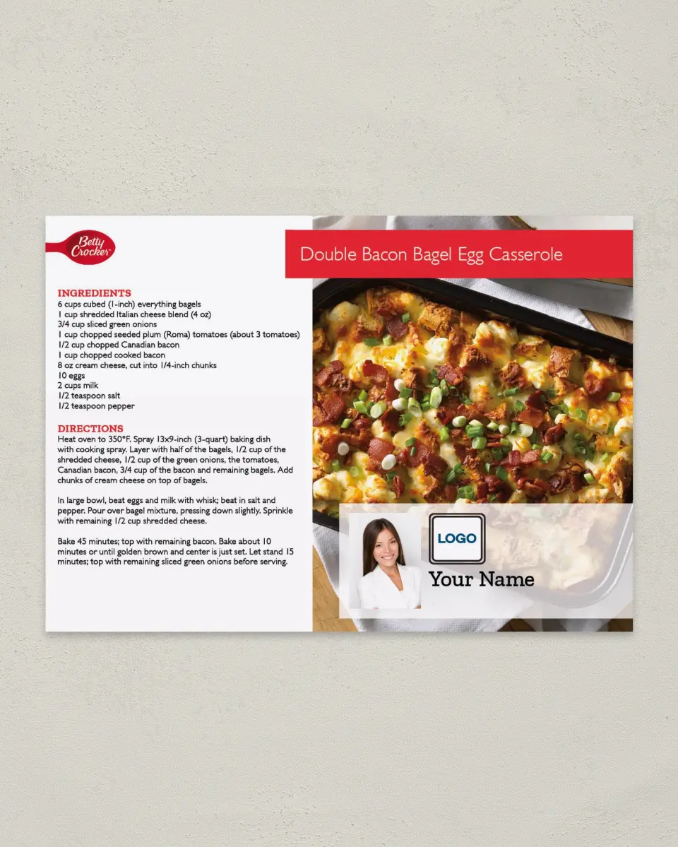 This is a 4¼" x 6" Postcard called Double Bacon Bagel Egg Casserole printed in full color