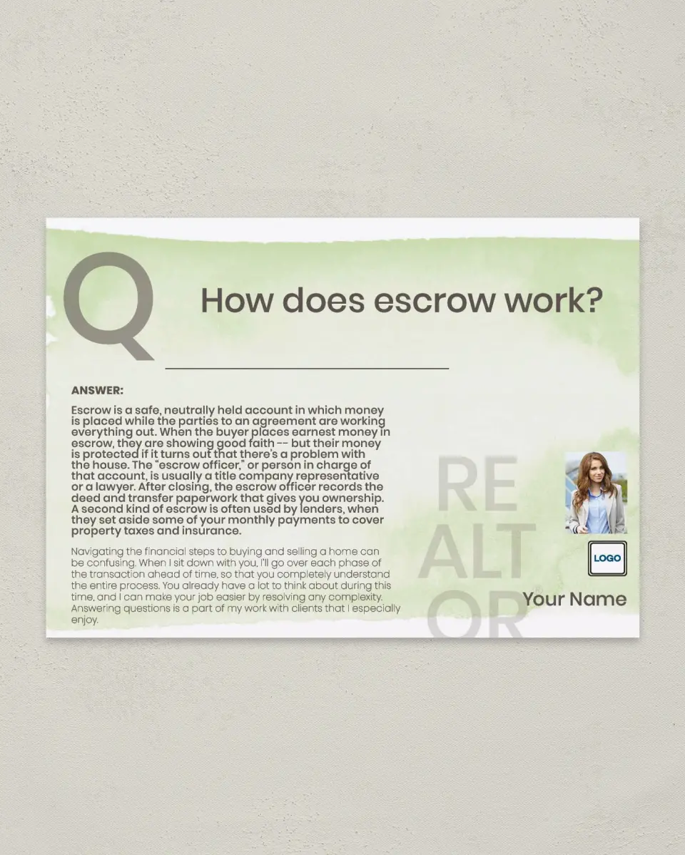 This is a 4¼" x 6" Postcard called Escrow Explained printed in full color