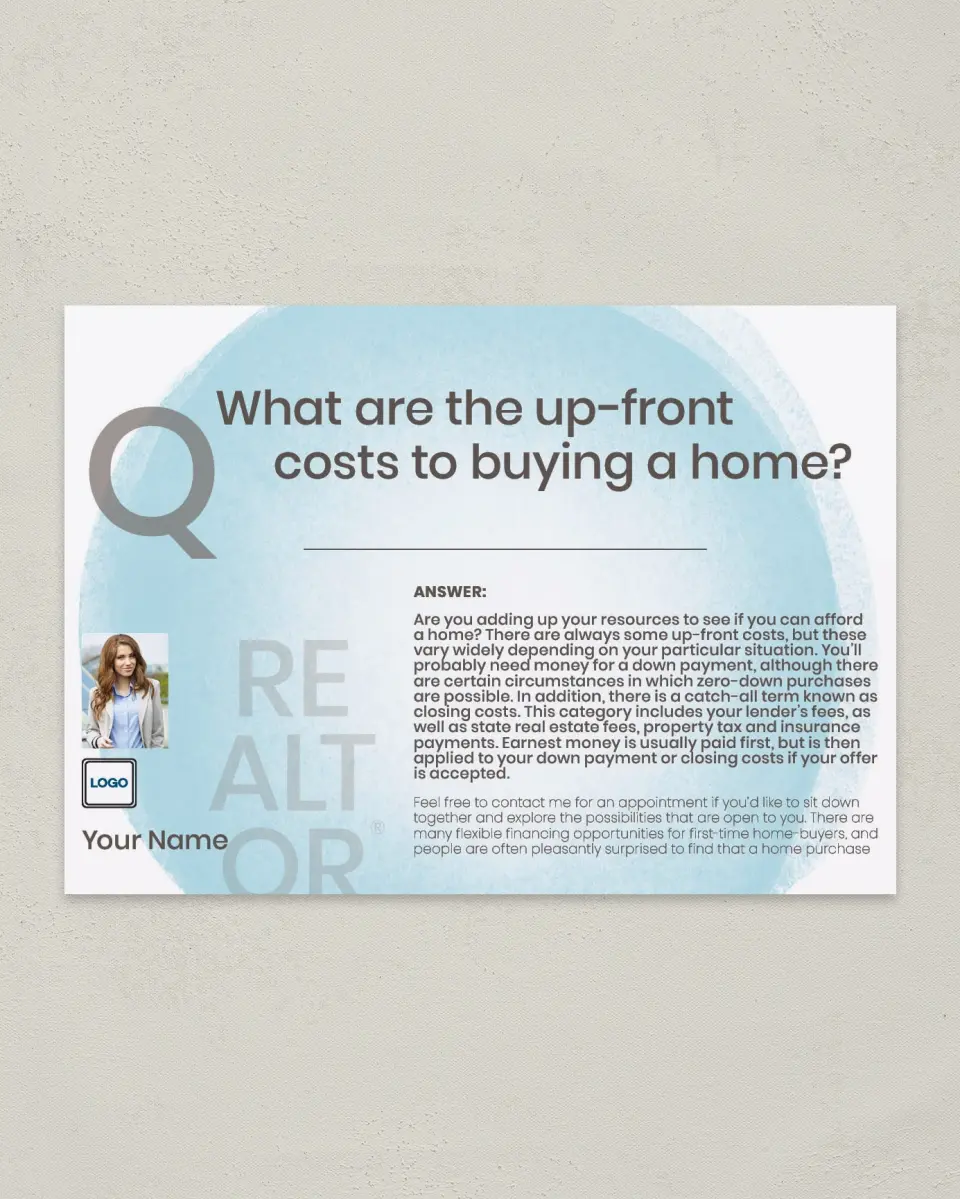 This is a 4¼" x 6" Postcard called Up-Front Costs printed in full color
