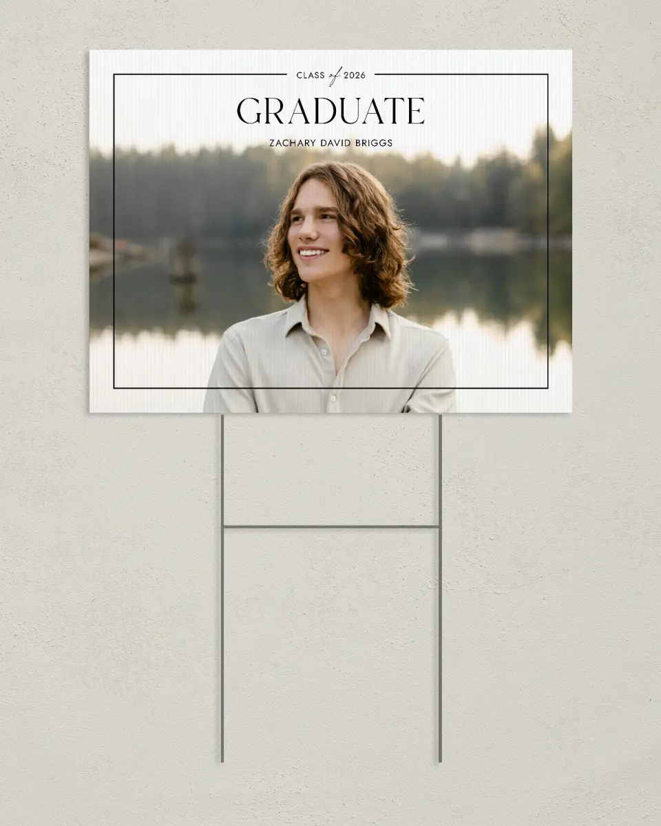 This is a 24" x 18" Welcome Grad Sign called Pure Frame printed in full color