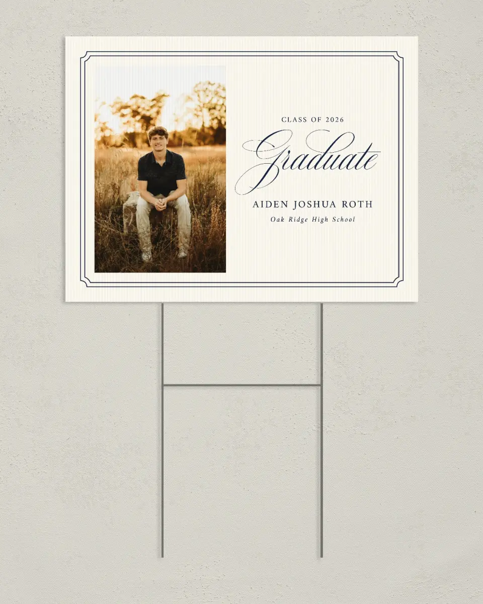 This is a 24" x 18" Welcome Grad Sign called Formal Frame printed in full color