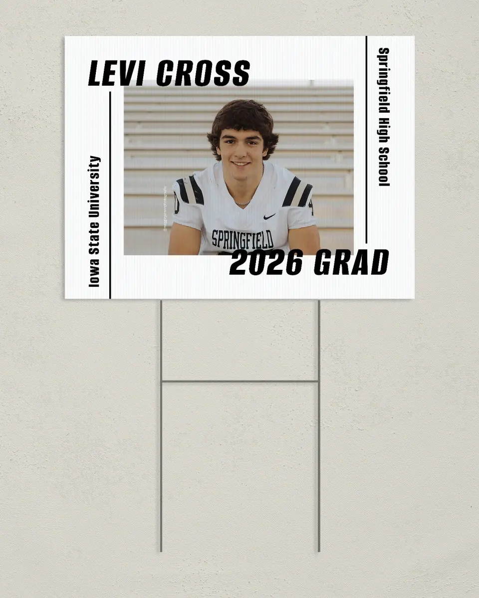 This is a 24" x 18" Welcome Grad Sign called Go Long printed in full color
