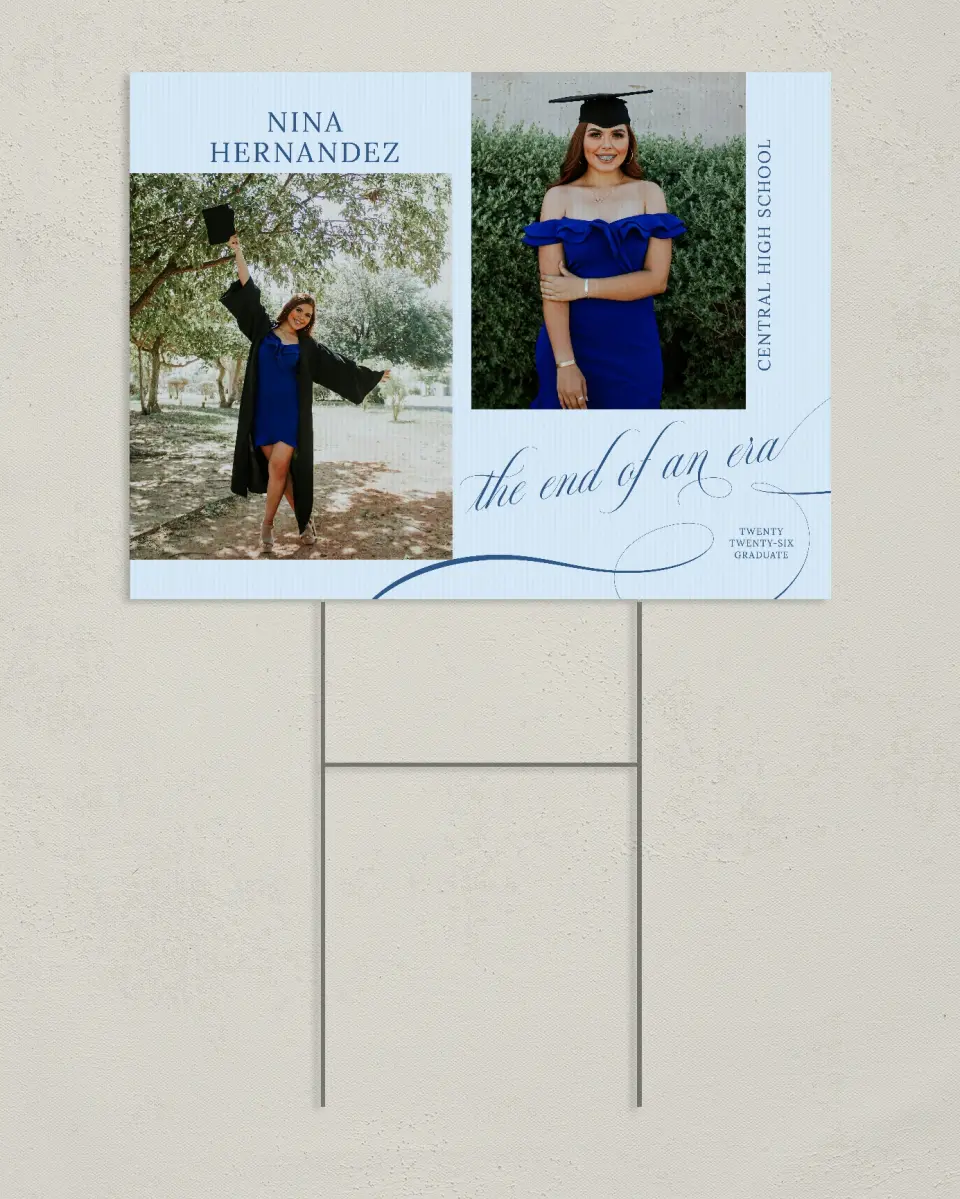 This is a 24" x 18" Welcome Grad Sign called The End of an Era printed in full color
