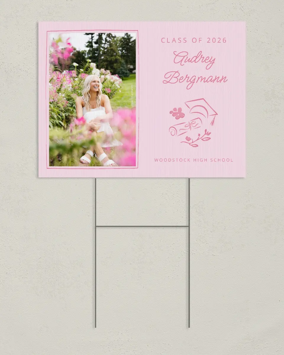 This is a 24" x 18" Welcome Grad Sign called Happily in Bloom printed in full color