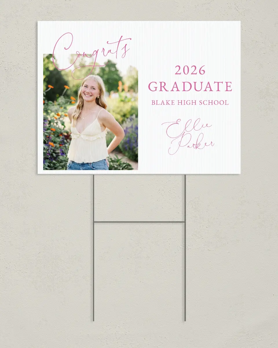 This is a 24" x 18" Welcome Grad Sign called Script Grad printed in full color