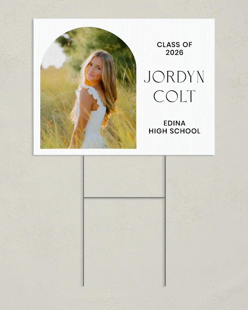 This is a 24" x 18" Welcome Grad Sign called Refined Moment printed in full color