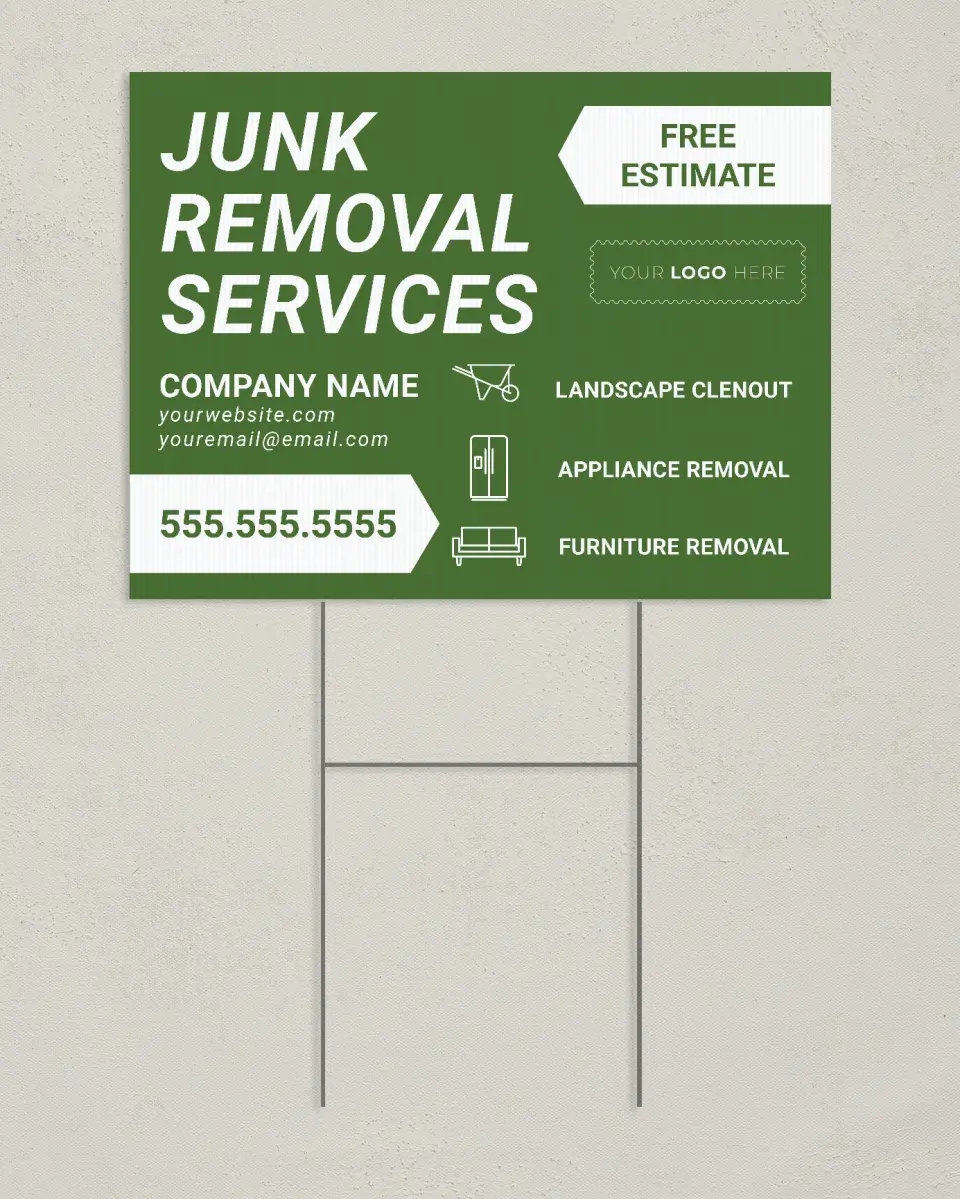 This is a 24" x 18" Business Yard Sign called Bye-bye Junk printed in full color