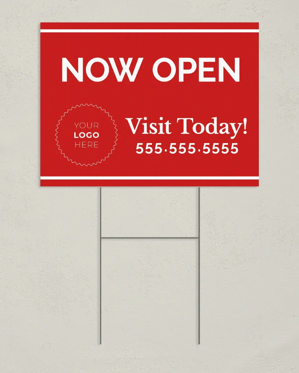 This is a 24" x 18" Business Yard Sign called Now Open printed in full color