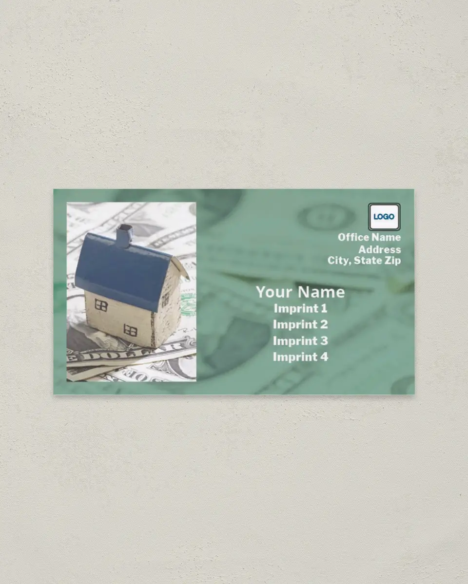 This is a 2" x 3½" Paper Business Card called Mortgage House on Money printed in full color on Soft Touch paper