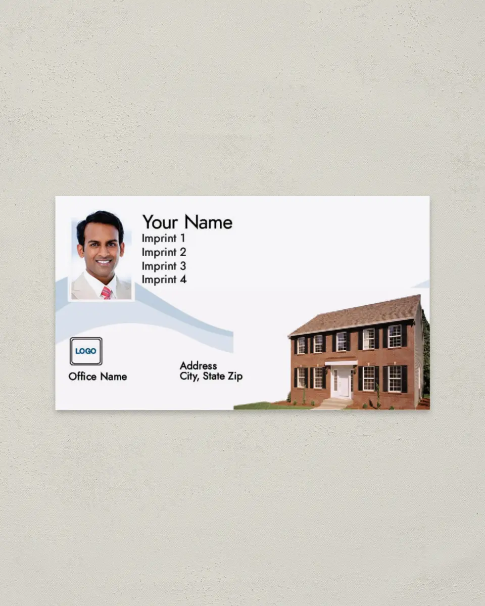 This is a 2" x 3½" Paper Business Card called House with Blue Swirl printed in full color on Soft Touch paper