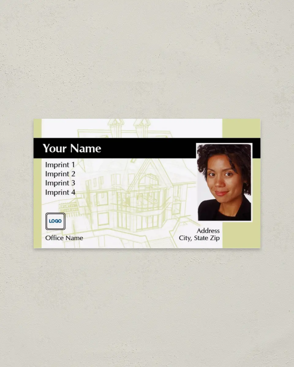 This is a 2" x 3½" Paper Business Card called Green Bar with House Outline and Photo printed in full color on Soft Touch paper