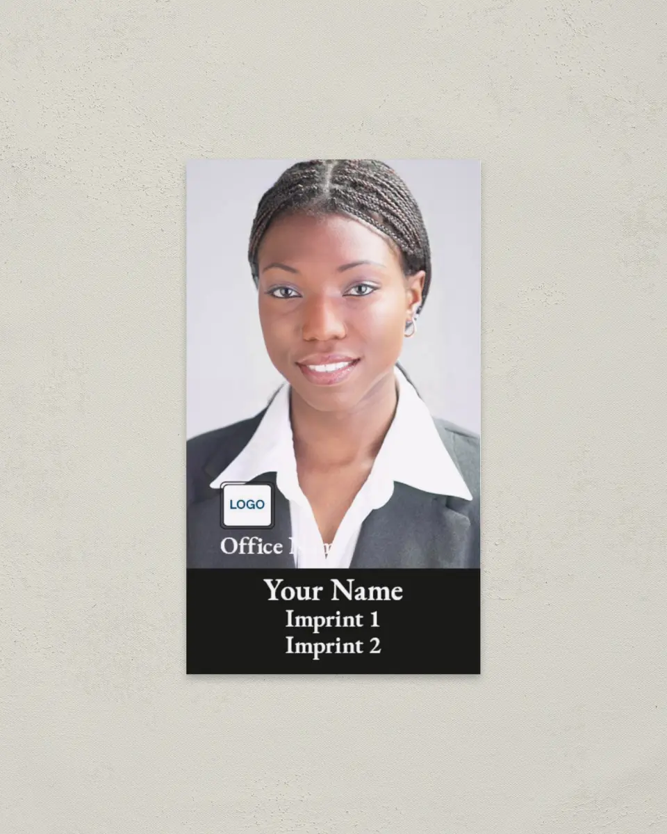 This is a 2" x 3½" Paper Business Card called Full Bleed Photo Vertical with Black Bar printed in full color on Soft Touch paper