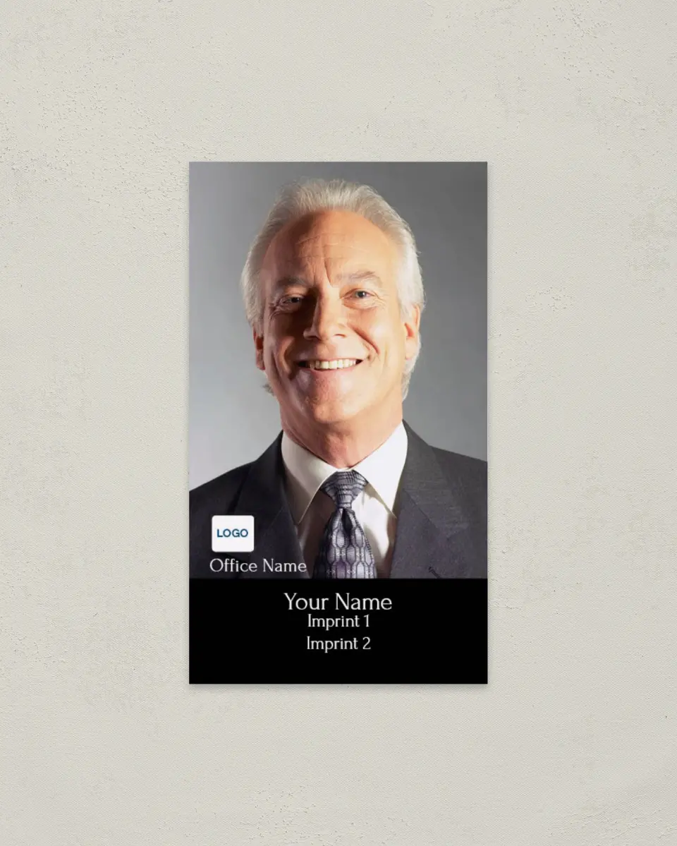 This is a 2" x 3½" Paper Business Card called Full Bleed Black & White Photo Vertical with Black Bar printed in full color on Soft Touch paper