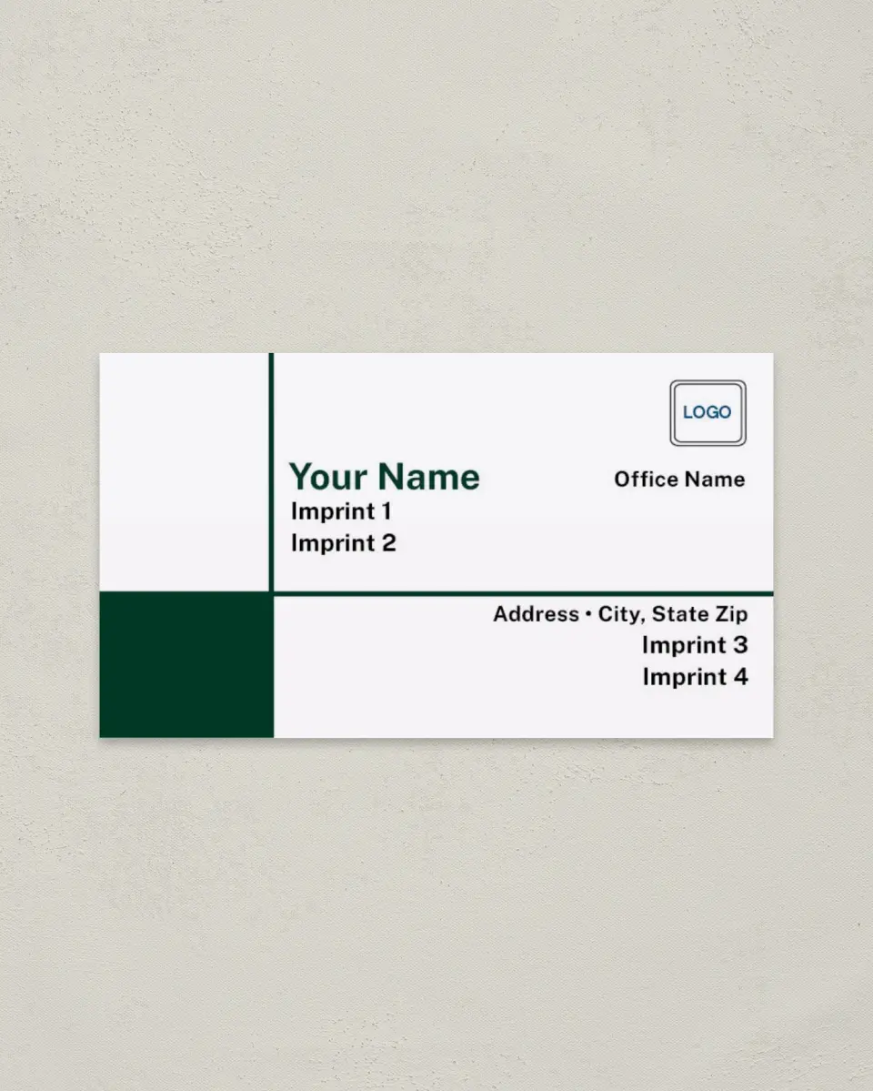This is a 2" x 3½" Paper Business Card called Quadrants with Dark Green printed in full color on Soft Touch paper