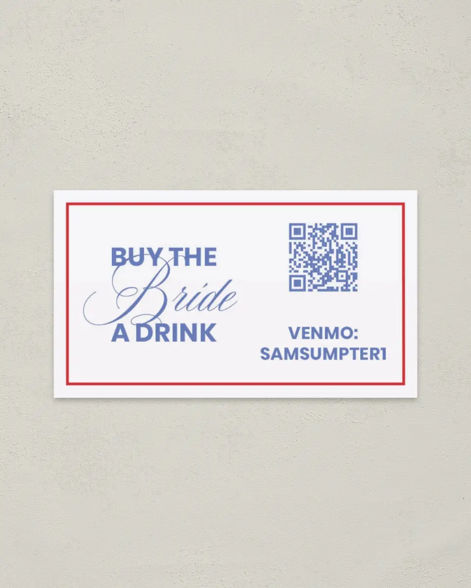 This is a 2" x 3½" Bachelorette Party Thank You Card called Red, Bride, and Blue printed in full color on Premium Smooth paper