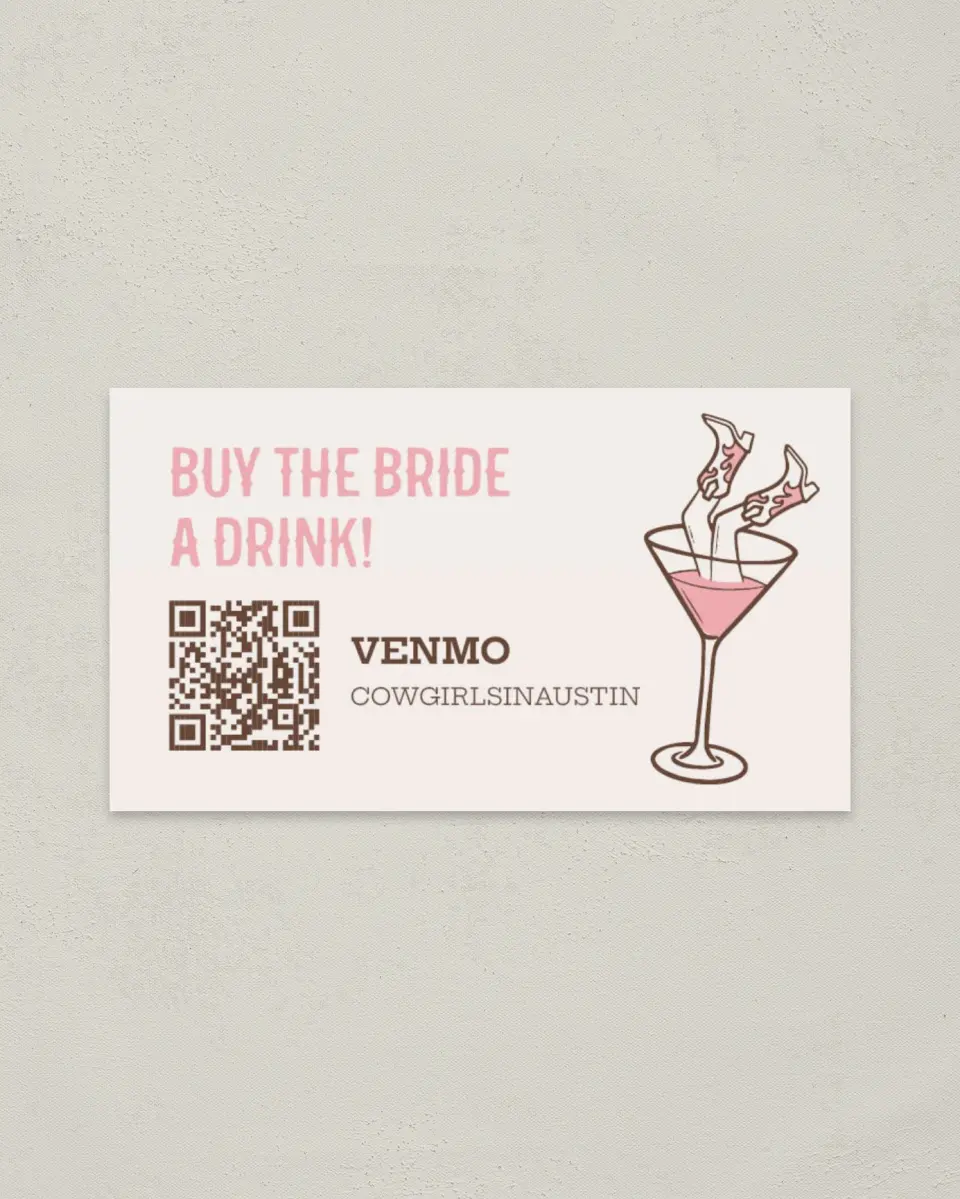 This is a 2" x 3½" Bachelorette Party Thank You Card called Cowgirls & Cocktails printed in full color on Premium Smooth paper
