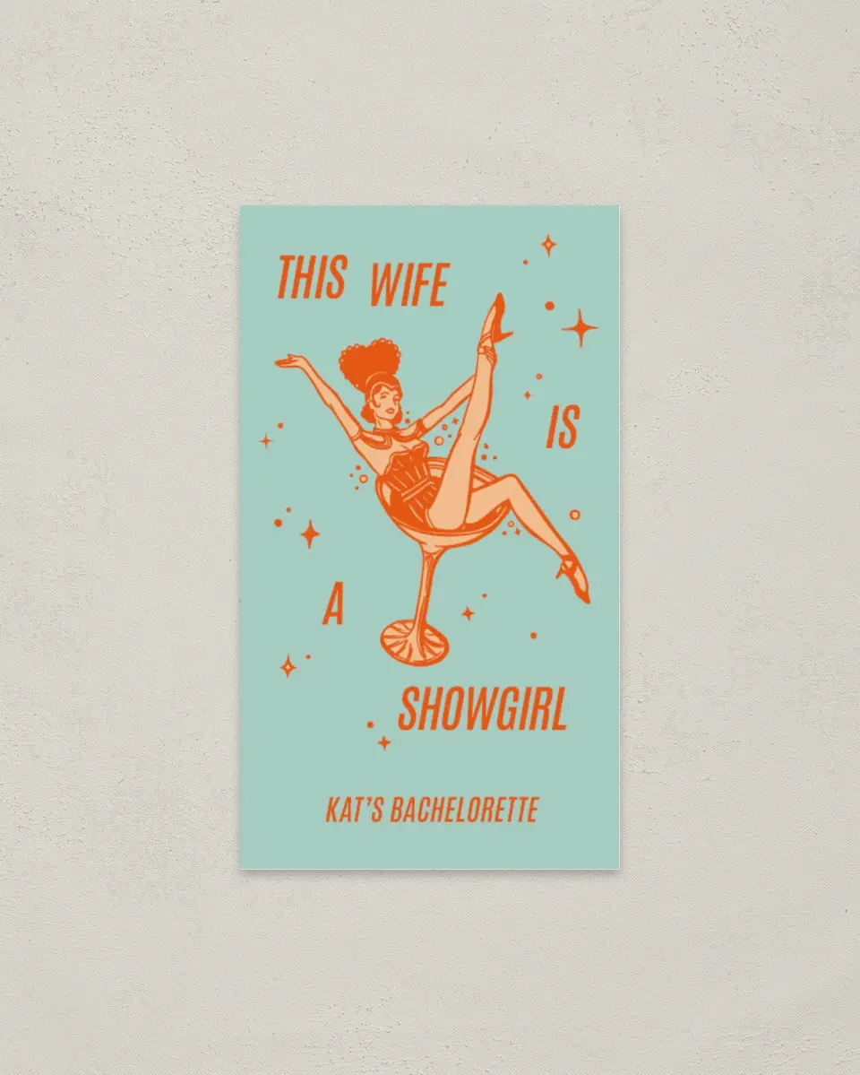 This is a 2" x 3½" Bachelorette Party Thank You Card called Wife of a Showgirl printed in full color on Premium Smooth paper