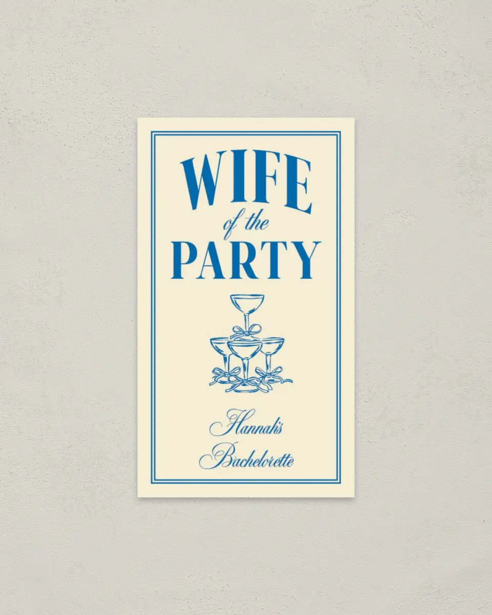 This is a 2" x 3½" Bachelorette Party Thank You Card called Wife of the Party printed in full color on Premium Smooth paper