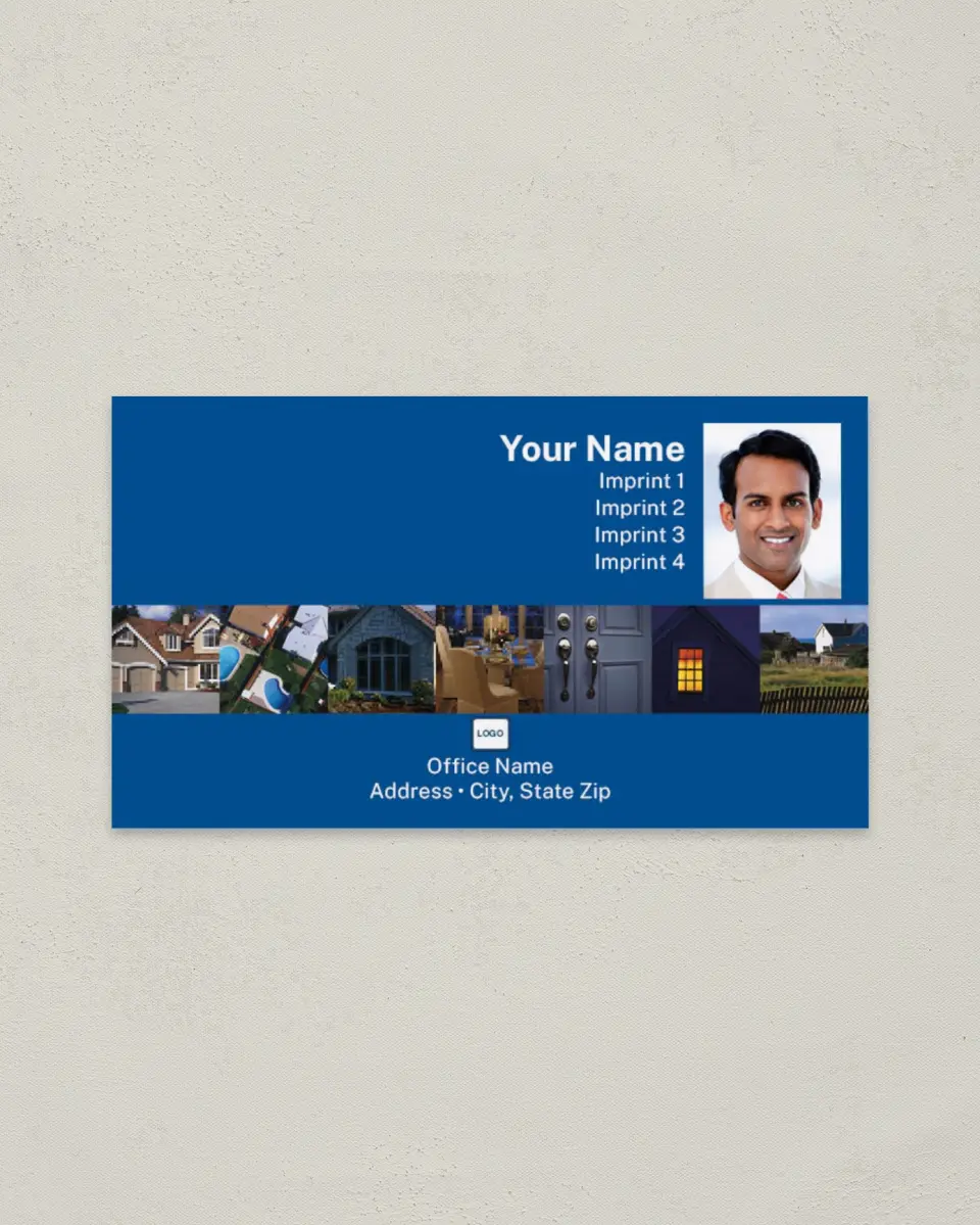 This is a 2" x 3½" Paper Business Card called Homes, Blue printed in full color on Soft Touch paper