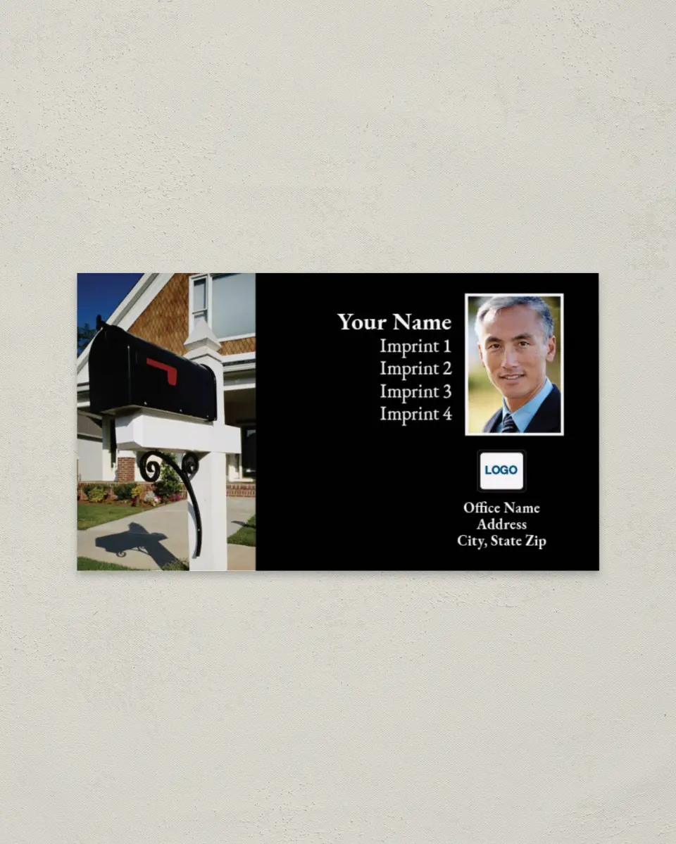 This is a 2" x 3½" Paper Business Card called Mailbox, Black printed in full color on Soft Touch paper