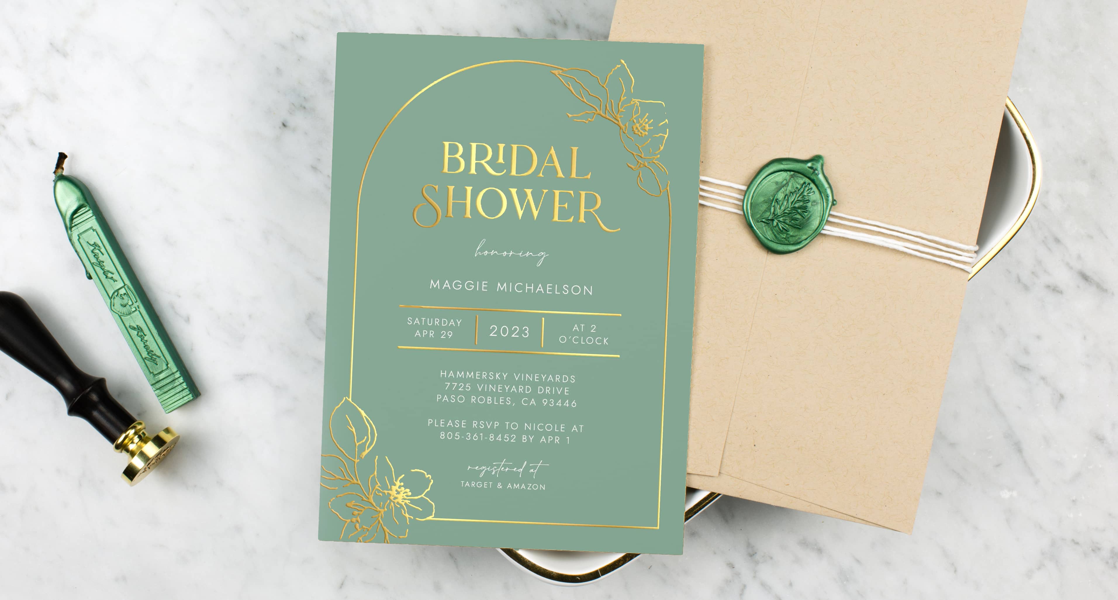 Custom pocket wedding invitations with various colors, fonts, and photos